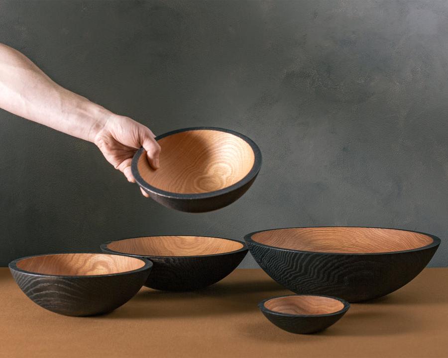 blackened wood bowl set